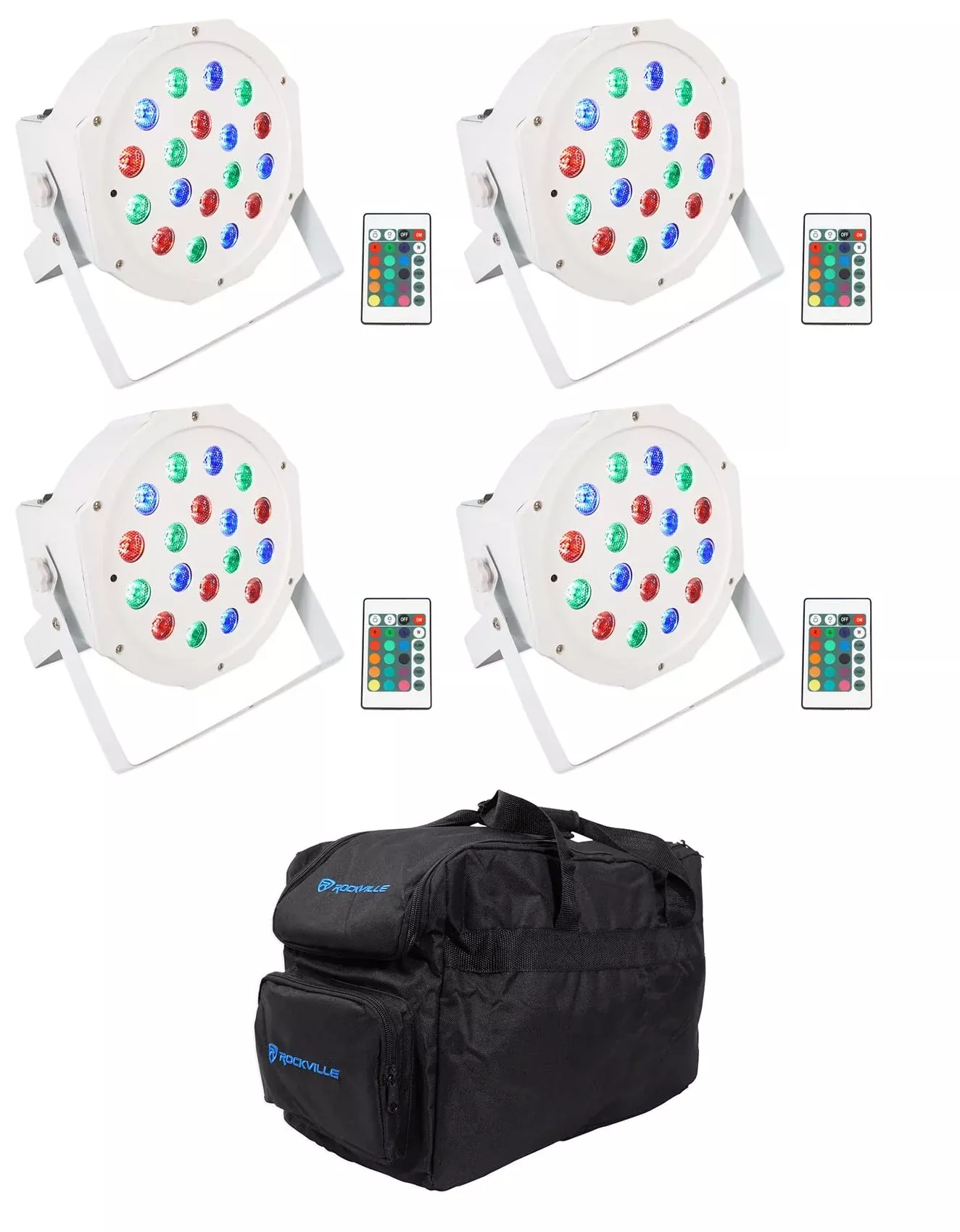 (4) Rockville Battery PAR 50 White Rechargeable LED DMX DJ Wash Up-Lights+Bag