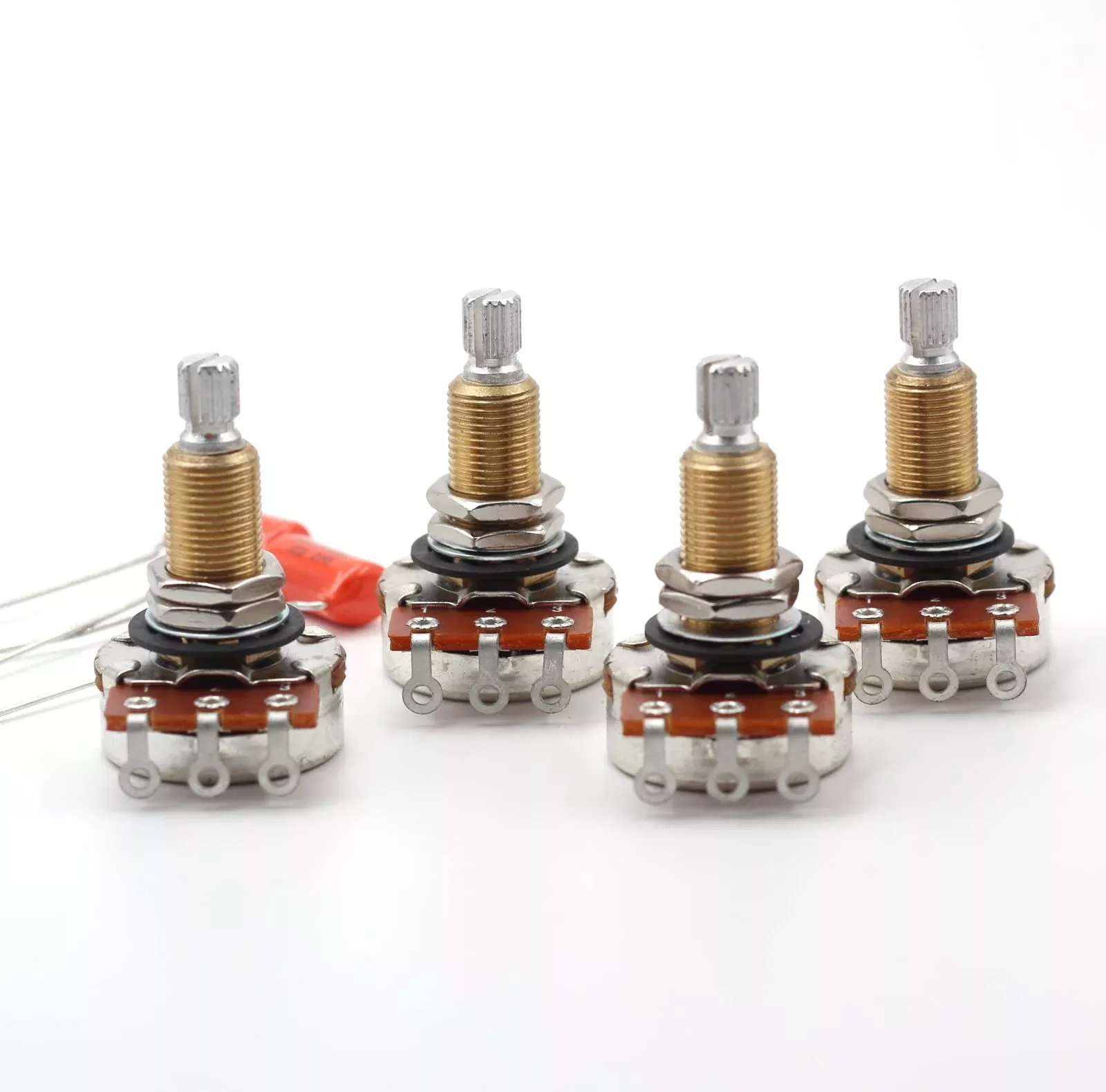 (4x) Bourns 500K LONG SPLIT Shaft Audio Potentiometers + (2x) .022uf Orange Drop Capacitors - For Electric Guitar