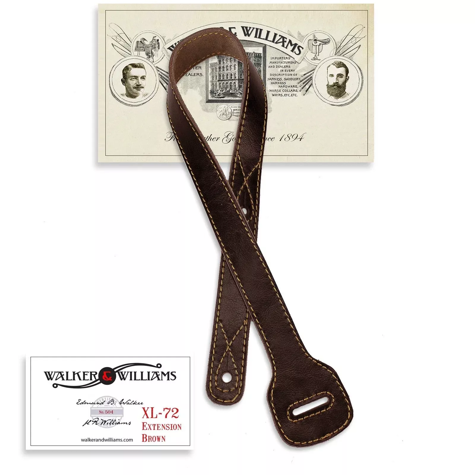 Walker & Williams XL-72 Dark Brown Guitar Strap Extender Lengthens W&W (and other) Straps Up To 60''
